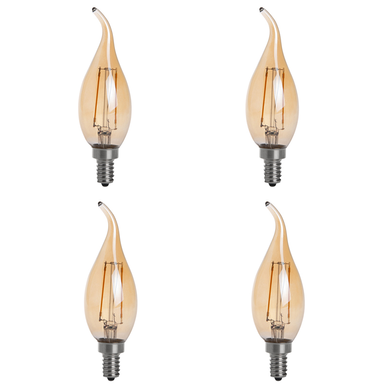 Gold Tint CA10 E12 2W LED Vintage Antique Filament Light Bulb, 25W Equivalent, 4-Pack, AC100-130V or 220-240V